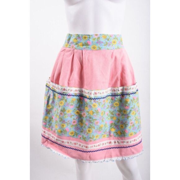 Vintage 60s 70s Womens Waist Half Apron Multi-Color Pink Floral Ties in Back - Picture 1 of 6